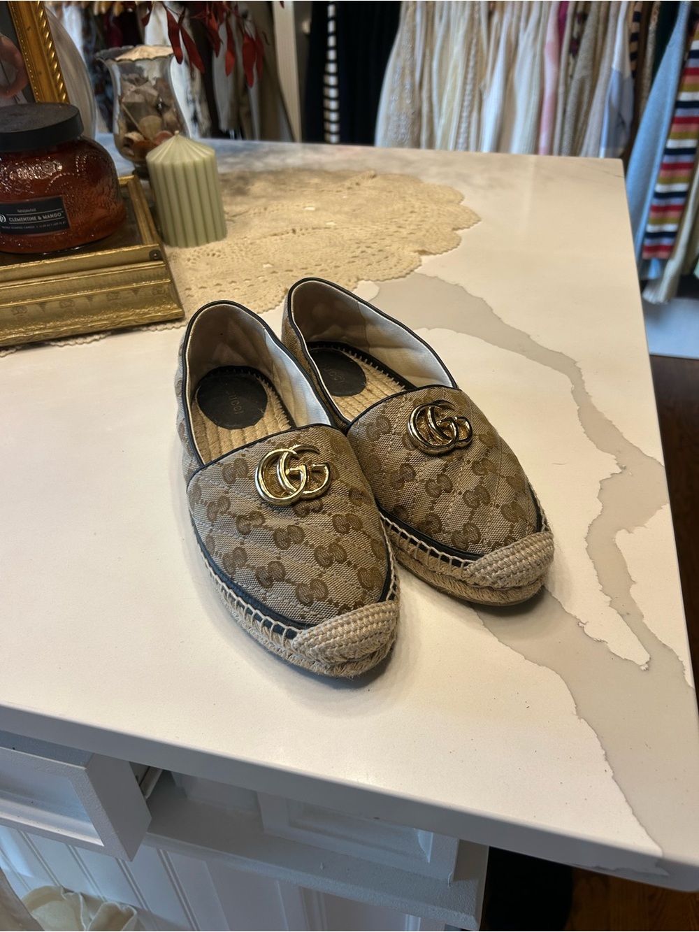 Gucci Tan GG Canvas Espadrilles with Gold Double G